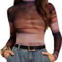 SweatyRocks Women's Tie Dye Sheer Mesh Bodysuit Turtle Neck Long Sleeve Going Out Leotard Tops, Medium
