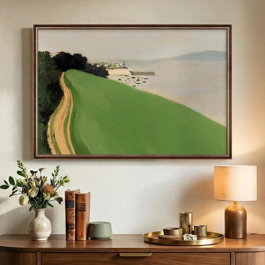 Vintage Framed Green Abstract Landscape Wall Art, Modern Minimalist Coastal Canvas Paintings Artwork for Walls, Rustic Nature Pictures for Living Room Bedroom Dining Room Office Wall Decor, 24x36 In