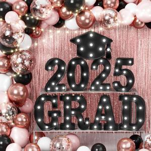 2025 Graduation Decorations, 79 PCS Graduation Party Supplies with 9 LED Marquee Light Up Letter Sign "GRAD 2025" & Cap, Balloons for Outdoor Indoor Room Wall Table Grad Decor - Black Pink Rose Gold