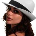 DRESHOW Women Straw Panama Hat Travel Fedora Beach Sun Hat Summer Wide Brim Straw Roll up Hats UPF 50+ (1 Pc Ribbon Straw Hat: White)