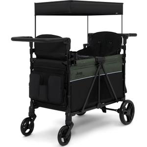 Jeep Aries Stroller Wagon by Delta Children Premium Wagon for 2 Kids with Convertible Seats, Adjustable Push/Pull Handles, Removable Canopy & Flat Fold - Greenguard Gold Certified, Black/Green