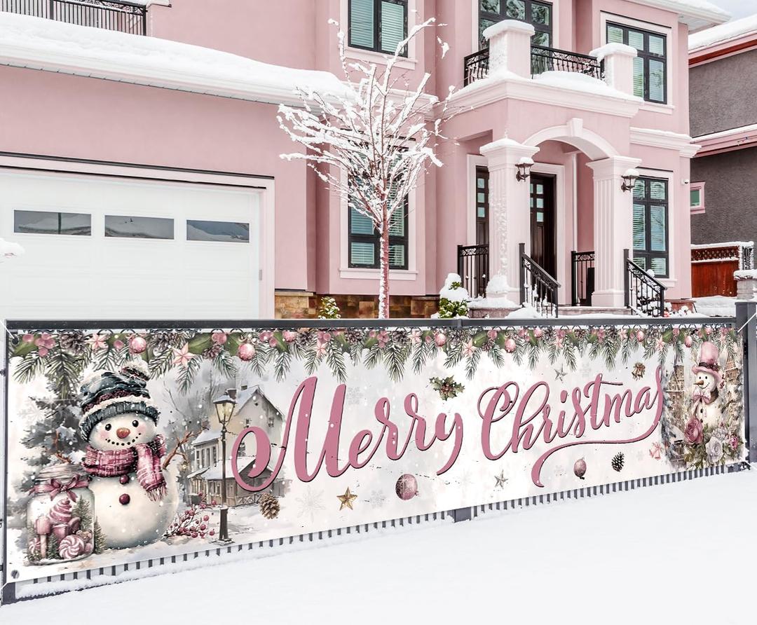 Merry Christmas Banner Snowman Christmas Decorations Outdoor Fence Banner for Winter Party Decor Xmas Yard Garden Porch Decorations Outdoor