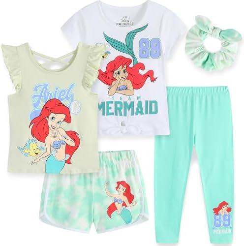 Disney Minnie Mouse Little Mermaid Girls 5 Piece Set with 2 Tops, Leggings, Shorts & Scrunchie for Toddlers & Big Kids, Size: 2T