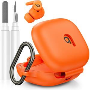 Compatible with Beats Powerbeats Fit Case Cover, Soft Silicone Shockproof Protective Skin Case for Powerbeats Fit Earbuds 2025 with Cleaner Kit & Carabiner, Top Logo Visible (Orange)