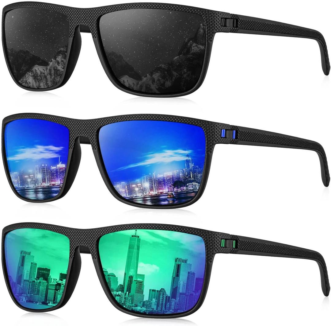 KALIYADI Polarized Sunglasses for Men, Lightweight Sun Glasses with UV Protection for Driving Fishing Golf ((3 Pack) Black/Dark Blue/Green)