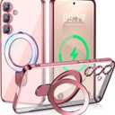 Magnetic Stand & Full Camera Lens Protector Case for Samsung Galaxy S25 Plus [Compatible with MagSafe][Military Drop Protective]Not Yellowing Clear Slim Soft S25 Plus Phone Case for Women Men,Pink