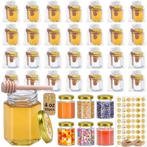 Aliggbent 35 Pack Small Honey Jars for Party Favors in Bulk, 4 oz Mini Hexagon Glass Honey Jars with Dippers, Lids, Cute Stickers, Bee Charms, Gift Bags & Jute for Baby Showers, Weddings, Birthdays Aliggbent 35 Pack Small Honey Jars for Party Favors in Bulk, 4 oz Mini Hexagon Glass Honey Jars with Dippers, Lids, Cute Stickers, Bee Charms, Gift Bags & Jute for Baby Showers, Weddings, Birthdays
