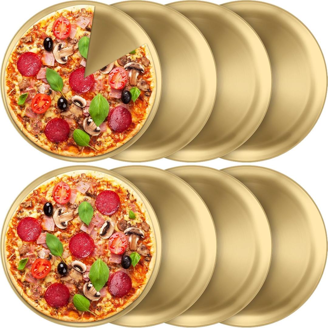 Thenshop 8 Pieces 12 Inch Pizza Pans Bulk Stainless Steel Sets Round Bakeware Pizza Trays for Oven Kitchen Baking Home Restaurant Safe Sturdy Reusable Easy Clean (Gold)