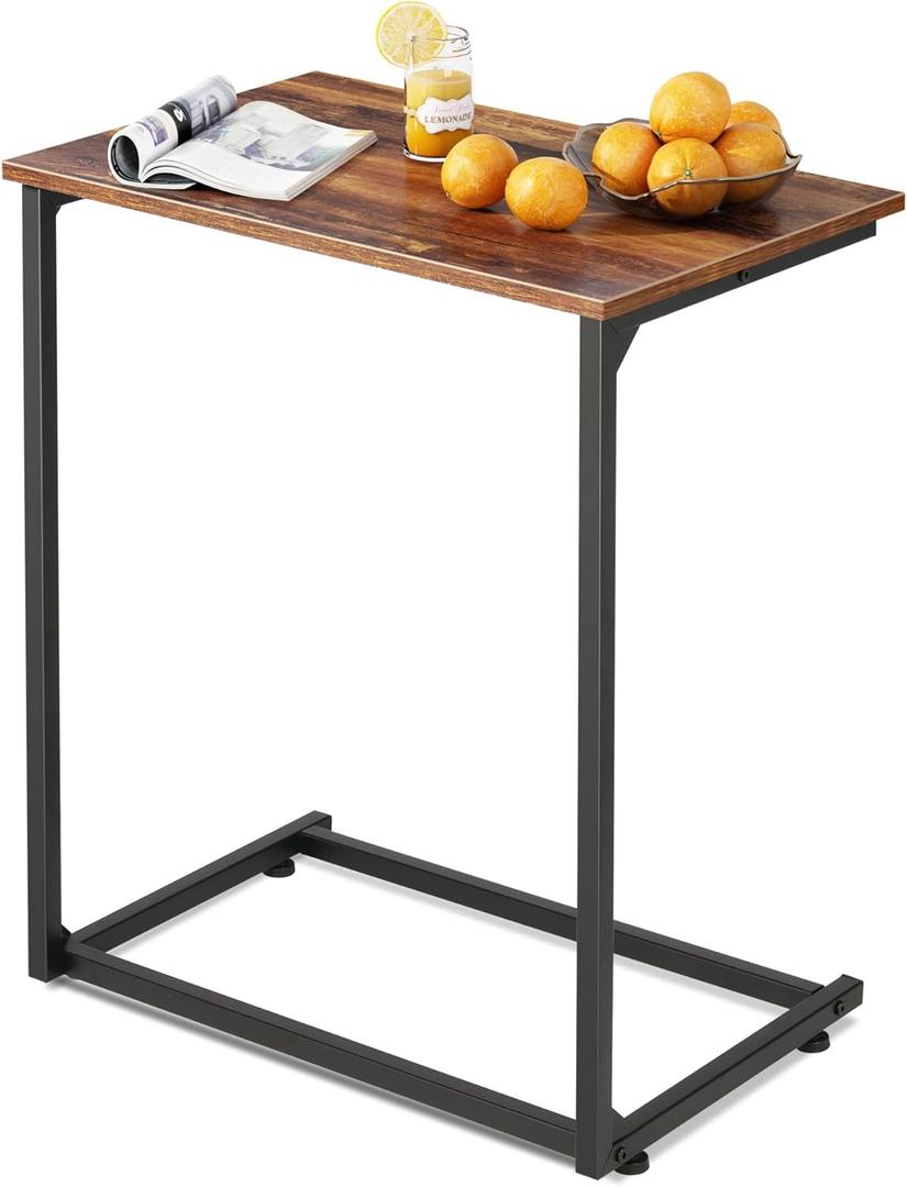 WLIVE C-Shaped End Table, Small Side Tables for Sofa, Wide Couch Table That Slide Under, Laptop Snack Table for Living Room, Bedroom, Home Office, Retro Brown