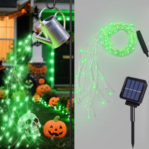 ANGMLN Green Solar String Lights Outdoor, 200 LEDs 8 Modes Waterfall Fairy Bunch Lights Outdoor Waterproof, Green Halloween Decor, Christmas Tree, St Patrick Decorations for Outside Tree Yard