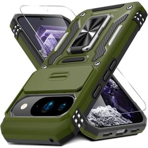 DEERLAMN Case for Google Pixel 10/10 Pro with Slide Camera Cover+Screen Protector(1 Pack), Rotated Ring Kickstand Military Grade Shockproof Protective Cover-Olive Green