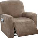 H.VERSAILTEX Velvet Stretch Recliner Couch Covers 4-Pieces Style Recliner Chair Covers Recliner Cover for Reclining Chair Slipcovers Feature Non Slip Form Fitted Thick Soft Washable, Mocha