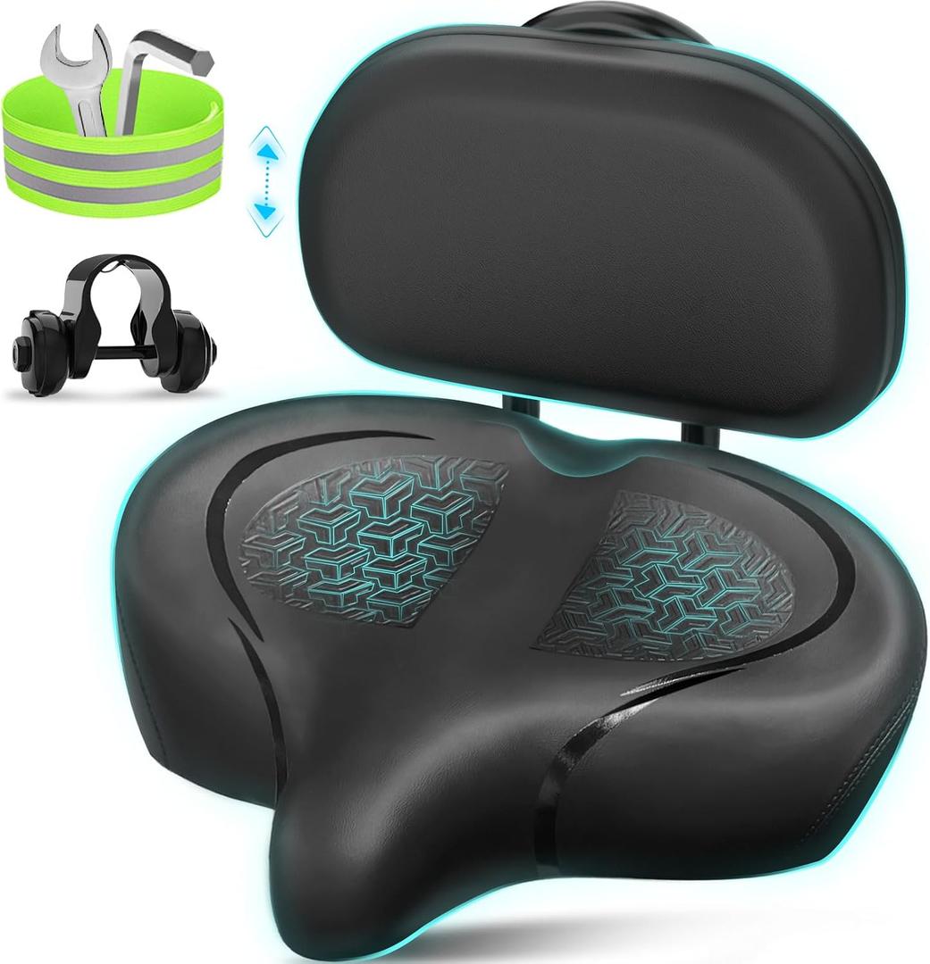 Bike Seat with Backrest, Oversized Bicycle Seat with Back, Men Women Comfort Bike Saddle, Extra Wide Comfortable Electric Tricycle Exercise Cruiser Stationary Bike Seat with Back