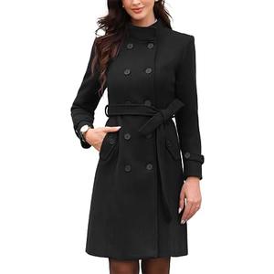 Women's Casual Thicken Wool Blend Stand Collar Single Breasted Pea Coat, XL