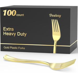 Dealusy 100 Count Heavy Duty Gold Plastic Forks Disposable, BPA-Free, Heat Resistant, Solid and Durable Premium Plastic Disposable Forks for Party Supply