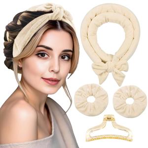 Heatless Curls Hair Curlers to Sleep in Velvet No-Heat Overnight Curling Rod Headband Set for Long Hair, with Scrunchies & Clip, Wake Up to Beach Waves (Beige, Pack of 1)