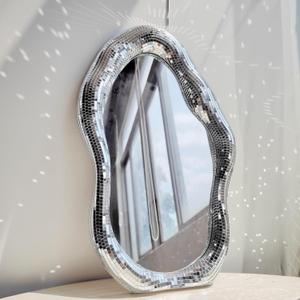 Disco Ball Mirror Wavy, 16" H x 10" W x1.2 D, Funky Table Wall Decor with Stand,Tabletop Vintage Silver Decorative Mirror, Handmade Gift (Large)