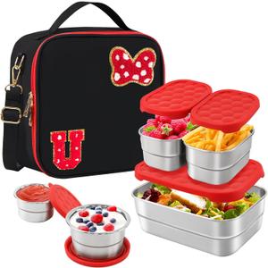 Insulated Lunch Box Set, Bow Mouse Preppy Initial Lunch Bag With Stainless Steel Bento Box, Cooler Snack Food Containers Back To School Gift Girls Teens Kid Women For Picnic Park Work Travel Black U