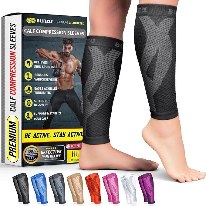 BLITZU Calf Compression Sleeves, Footless Compression Socks for Men & Women | Leg Support Brace, Shin Splint Pain Relief, Reduce Varicose Vein Swelling, Muscle Recovery, Running, Nursing, Fitness, Travel, L-XL