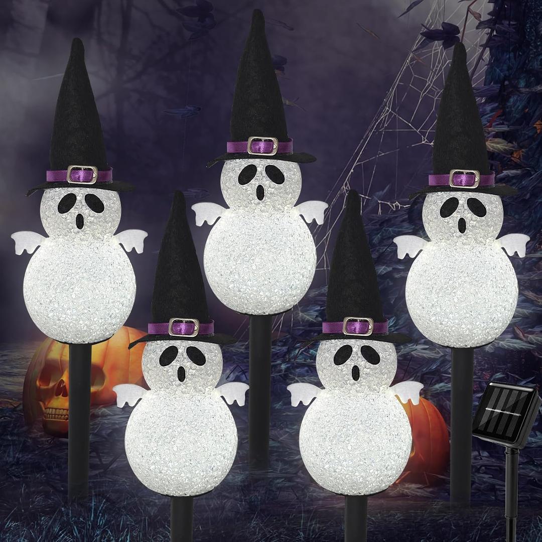 Solar Halloween Pathway Lights Outdoor Decorations5 Pack Ghost Garden Stake Lights, Waterproof LED Walkway Lights for Outside Patio Yard Halloween Decor (Cool White Ghost)