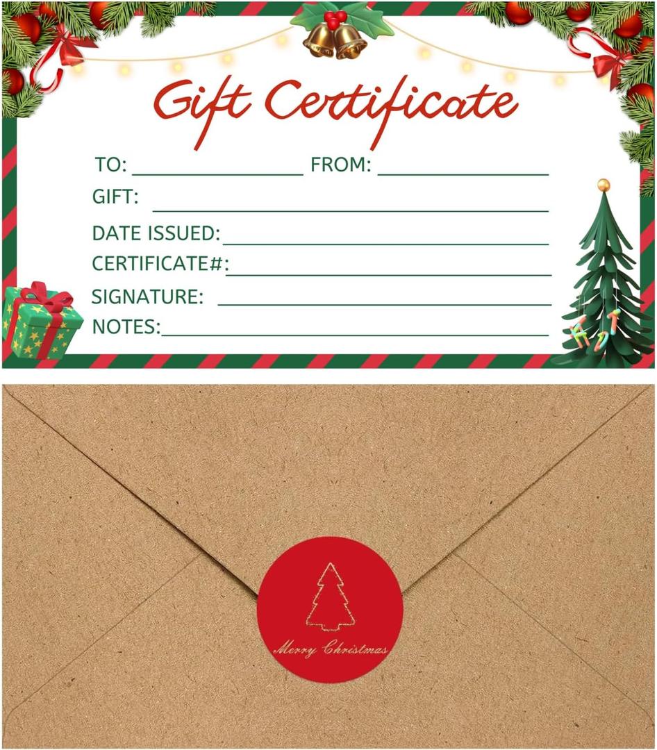 30 Pack Gift Certificates for Business with 30 Kraft Envelopes 30 Stickers for Holiday Christmas Small Business Restaurants Spa Beauty Makeup Hair Salon