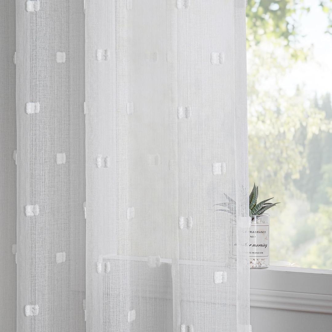 MYSKY HOME White Curtains for Bedroom 84 Inch Length Long Sheer Curtain for Living Room Nursery Curtains with White Patched Design Rod Pocket Privacy Window Drapes Dining Room 52" x 84" 2 Panels