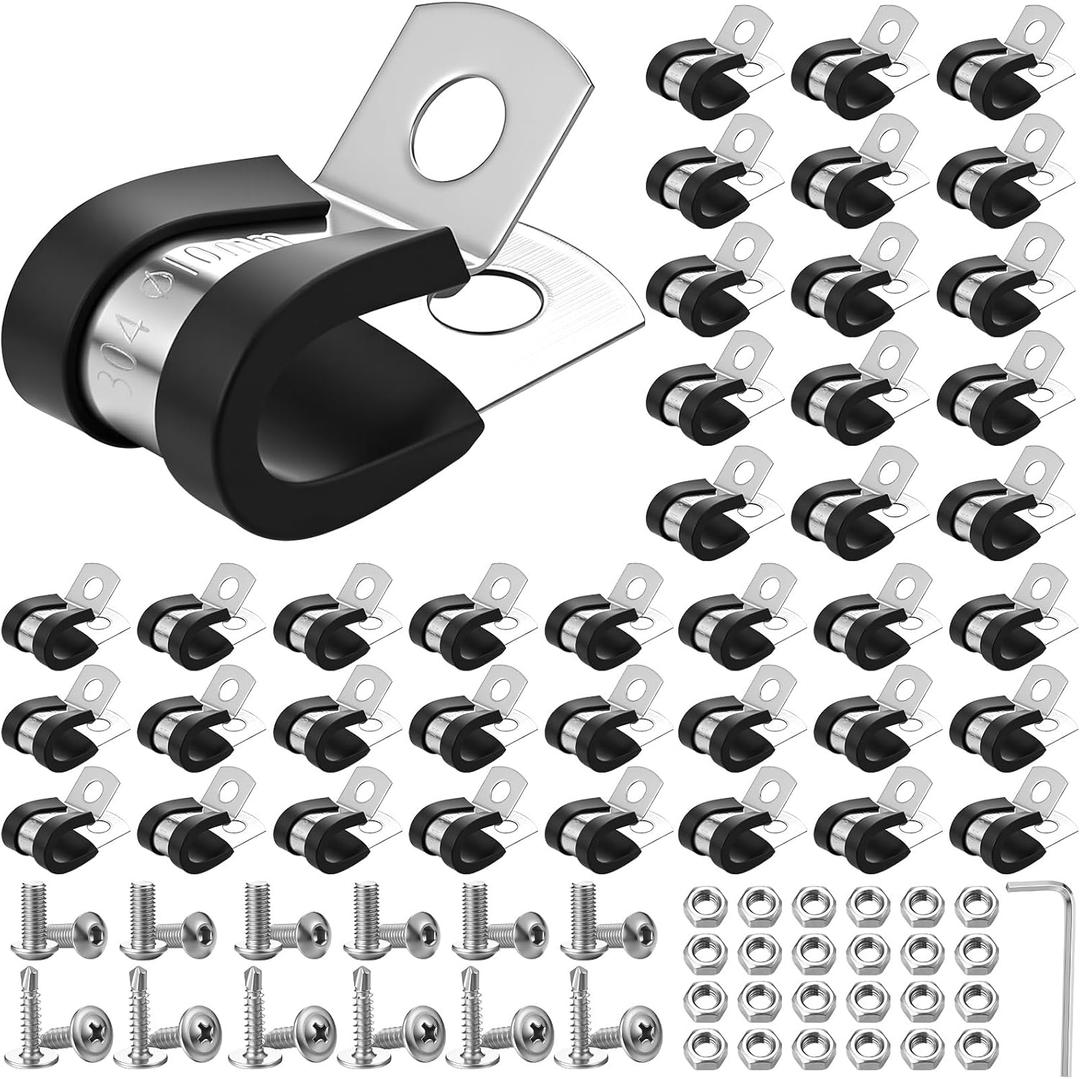 251 Pcs 3/8-inch Stainless Steel Wire Clamps Kit with Screws Bolts Nuts Accessories Rubber Coated Cushioned Hose Pipe Wire Clamps for Lines, Cord Installation