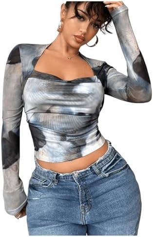 SOLY HUX Women's Tie Dye Long Sleeve Crop Top Mesh Square Neck Going Out Cropped Tee Shirts, XS, Multi Tie Dye