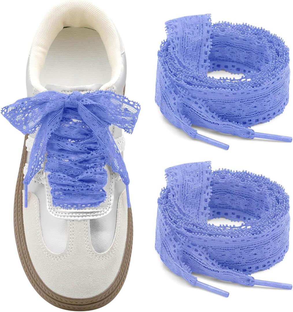 Flat Lace Shoelaces for Women: 2 Pairs 2.3CM Wide Lacy Shoe Laces | Lace Fancy Designs, Soft and Elastic, Free Cut for DIY Decorations