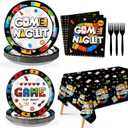 Grencian 98Pcs Family Game Night Party Decorations Game Night Plates Napkins Tablecloths Disposable Gaming Paper Tableware Set for Birthday Kids Adults Family Gaming Party Supplies, Serves 24