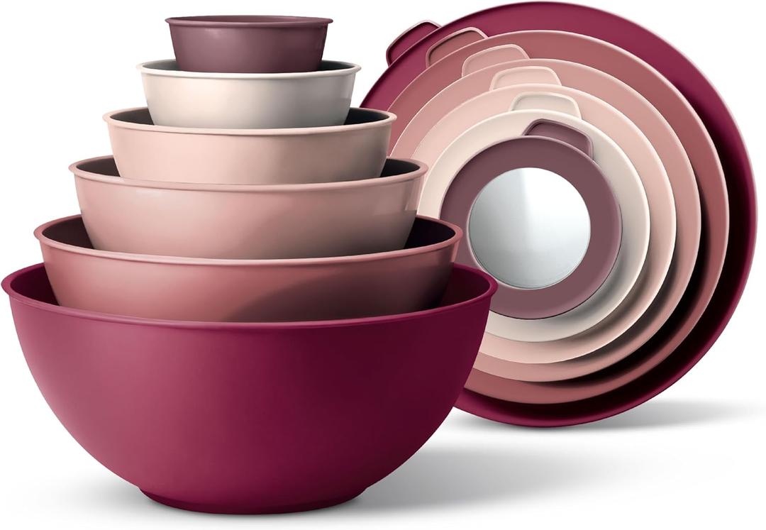 COOK WITH COLOR Mixing Bowls with Lids - 12 Piece Plastic Nesting Bowls Set includes 6 Prep Bowls and 6 Lids, Microwave Safe Mixing Bowl Set, Rose TPR Lid