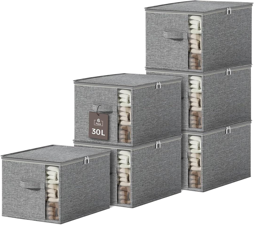 Clothes Storage Bins with Sturdy Frames, Foldable Fabric Clothing Organizer Box for Moving, Sweater Storage Cube with Lids and Zipper, Linen Closet Storage Bags for Blankets, Clothes, Sheet