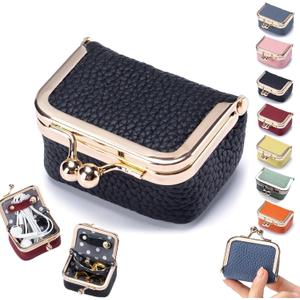 Genuine Leather Mini Jewelry Box, Portable Vintage-Inspired Genuine Leather Coin Purse Jewelry Case with Kiss Lock, Mini Travel Ring Box for Women for Earring/Ring/Necklace/Bracelet(Black)
