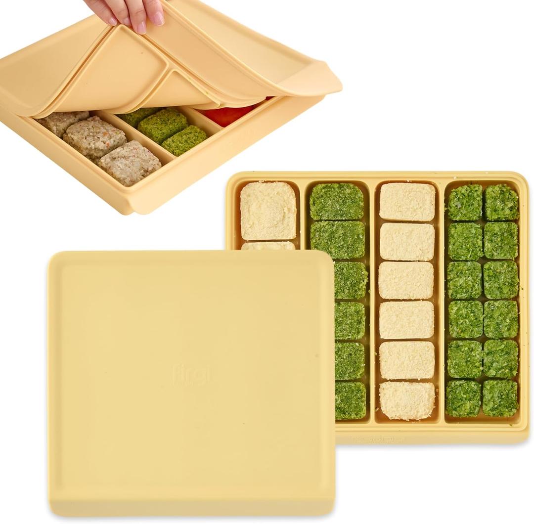 Silicone Baby Food Freezer Tray with Lid Korea - 26oz Stackable Meal Prep Containers for Baby Puree, Homemade Food & Snacks - 4 Compartment Airtight, BPA Free, Microwave Dishwasher Safe - Yellow