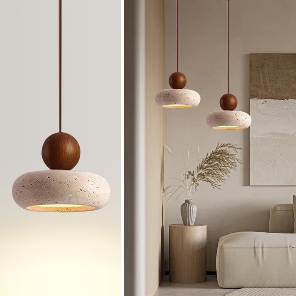 Wabi Sabi Pendant Light, 5.9" Natural Yellow Travertine Pendant Light with Round Stone Shade and Wooden Globe, Retro Mini Pendant Lighting Perfect for Bedroom Bedside Light Living Room Kitchen