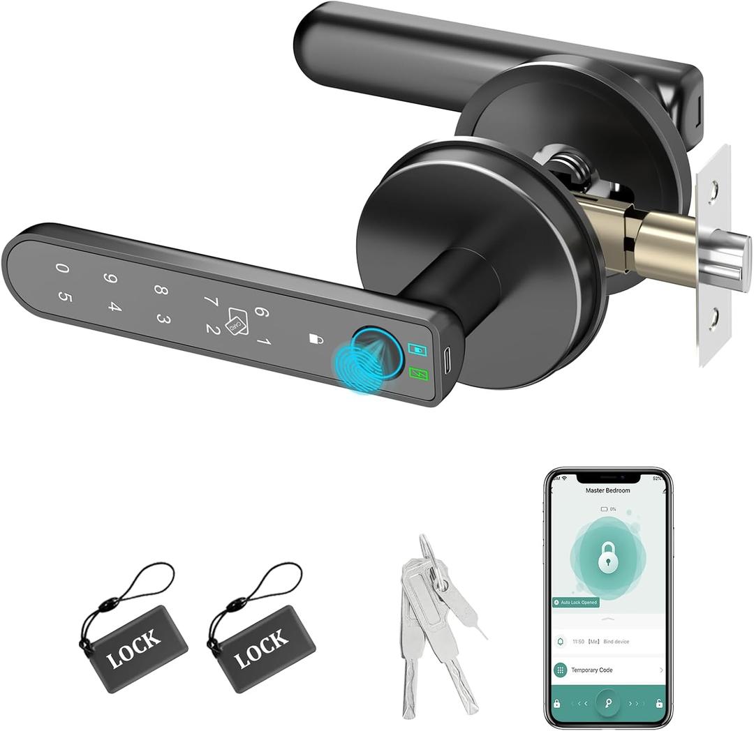 Smart Fingerprint Door Lock:Fingerprint Door Knob-Biometric 5-in-1 Finger Print Door Lock-Smart Door Knob for Bedroom-APP Control-Easy Installation–Round Black–1 Pack