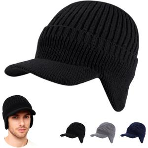 Cozy Head Beanie with Brim and Ear Flaps,Winter Knit Beanies for Unisex,Warm Ear Protection Knitted Hat Winter Beanie