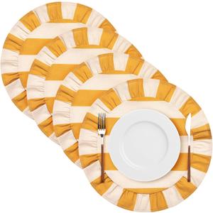 4 Pcs 15 Inch 100% Cotton Scalloped Round Placemats, Thin Yellow & White Stripes Place Mats with Ruffle, Washable Placemats Table Mats for Kitchen Dining Holiday Gatherings Decor