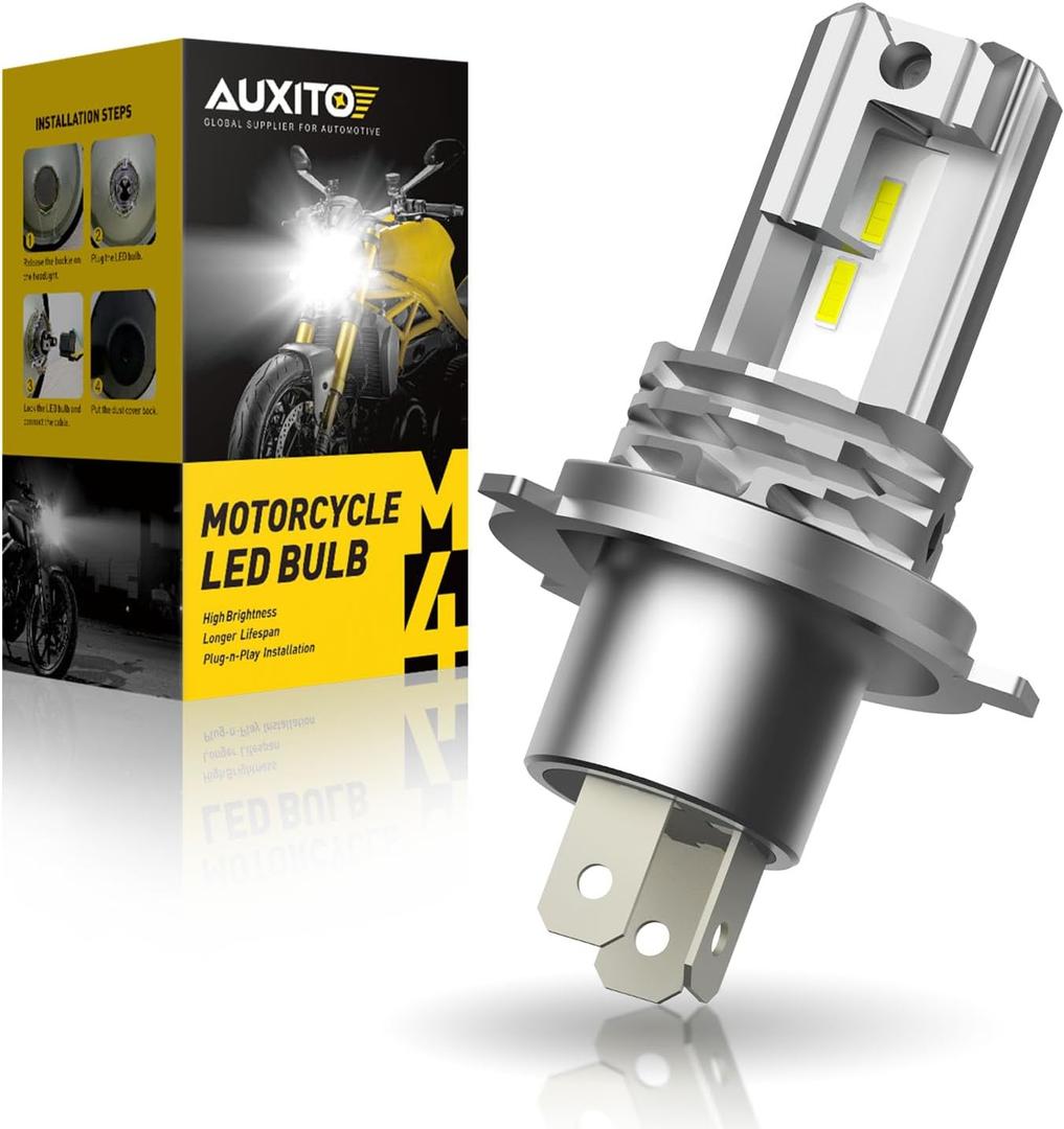 AUXITO H4 Light Bulb Hi/Low for Motorcycle, 400% Brighter, 9003 Bulb 6000K Cool White H4 Fog Light Fanless, Plug and Play, Pack of 1