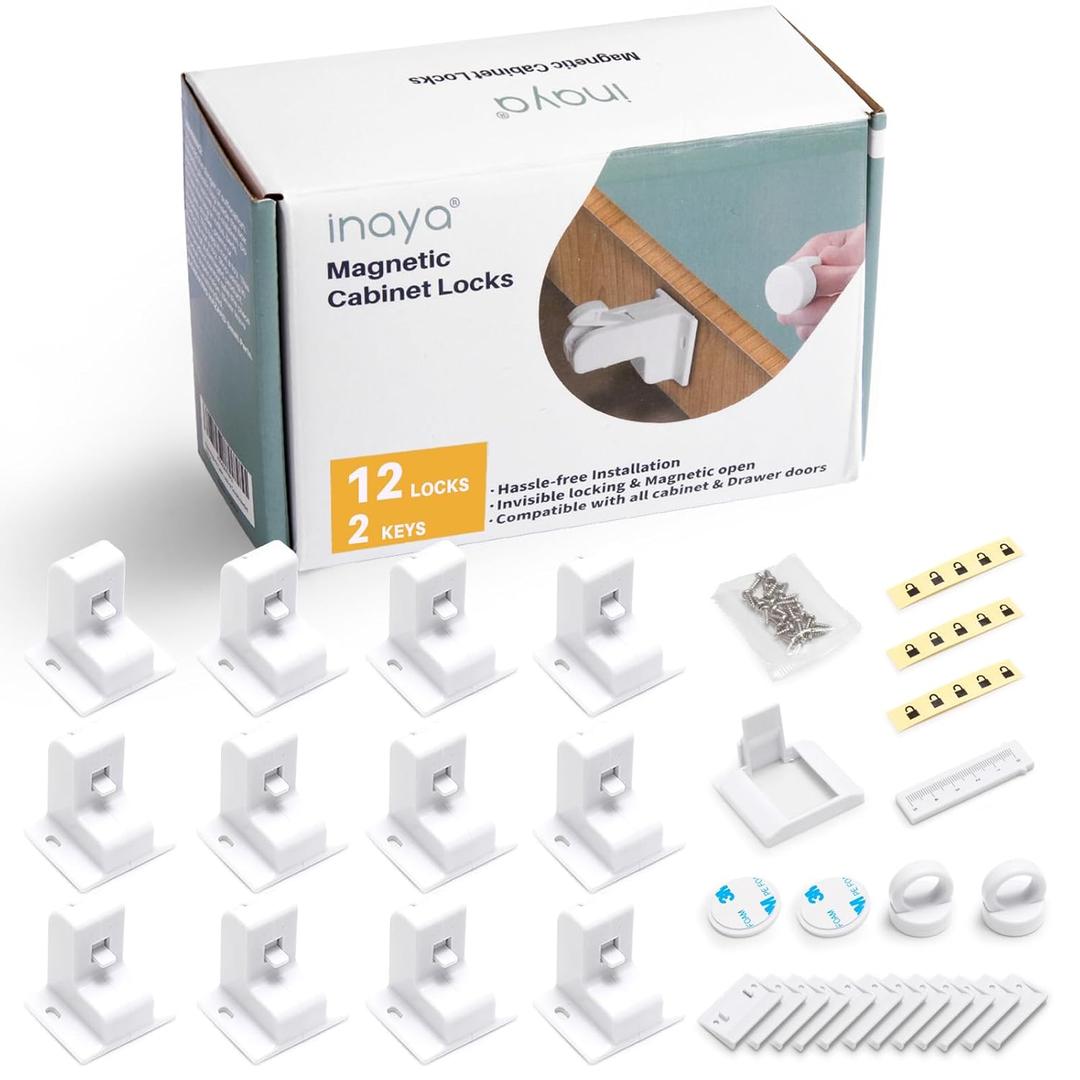 Inaya Magnetic Cabinet Locks Baby Proofing, 12 Locks & 2 Keys, Child Proof Magnet Locks for Cabinet Drawers with Invisible Design, 3M Adhesive for Easy Installation - No Drill & Tools Needed