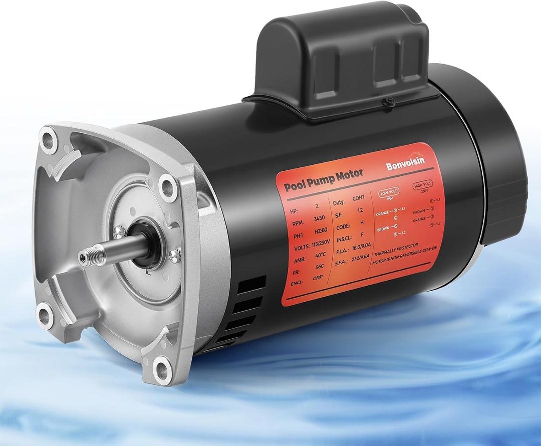 Bonvoisin 1.5HP Pool Pump Motor 56Y Frame 3450 RPM CCW Rotation Square Flange Replacement Motor with 80F/300V Capacitor for Above Ground and Underground Swimming Pools 115V/230V