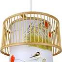 New Chinese Style Pendant Lamp Shade Antique Hanging Light with Patterned Bamboo Art Ceiling Light with Wood Canopy Industrial Chandelier Lights for Living Room, Bedroom, Dinner Room (40CM)