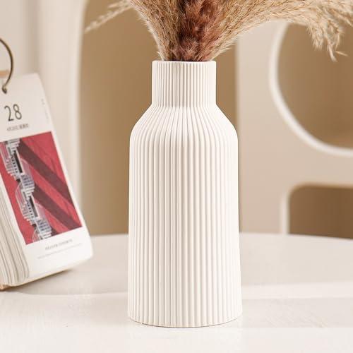 Hanaomaoyi Bohemian White Ceramic Vase - for Pampas Grass, Mantel, Bookshelf, Entryway and Living Room Decor (White, 7in), Set of 2