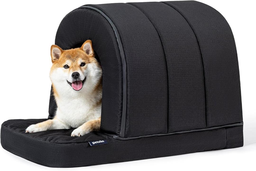 Orthopedic Dog House - Outdoor Waterproof Dog Shelter w/Porch - Indoor Pet House w/Egg-Crate Foam - Cooling - Machine Washable - Ideal for Medium Breeds & Fits 30-Inch Crate - 29"x18" (Black)