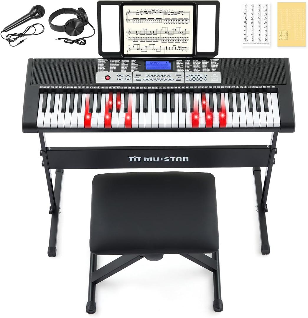 61 Key Piano Keyboard, Electric Keyboard Piano with Light-Up Keys, 255 Tones/Rhythms, Smart Learning System, Headphone, Microphone, Keyboard Stand, Stool, Stickers, Piano Keyboard Set for Beginners (Black)