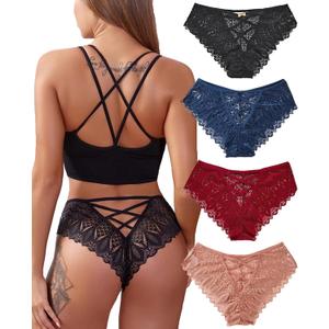 Kingfung Sexy Cheeky Panties for Women Lace Criss Cross Bikini Underwear 4 Pack, Medium