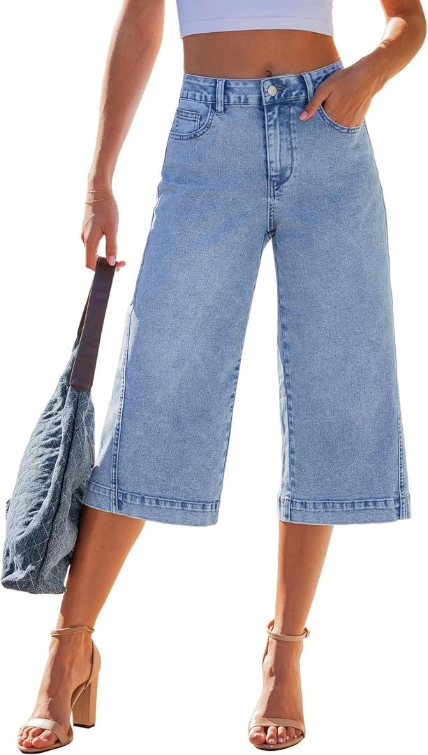 GRAPENT Capri Jeans for Women Wide Leg Trendy High Waisted Side Seam Stretchy Denim Capris Pants Summer Casual Jeans (Blue), X-Large