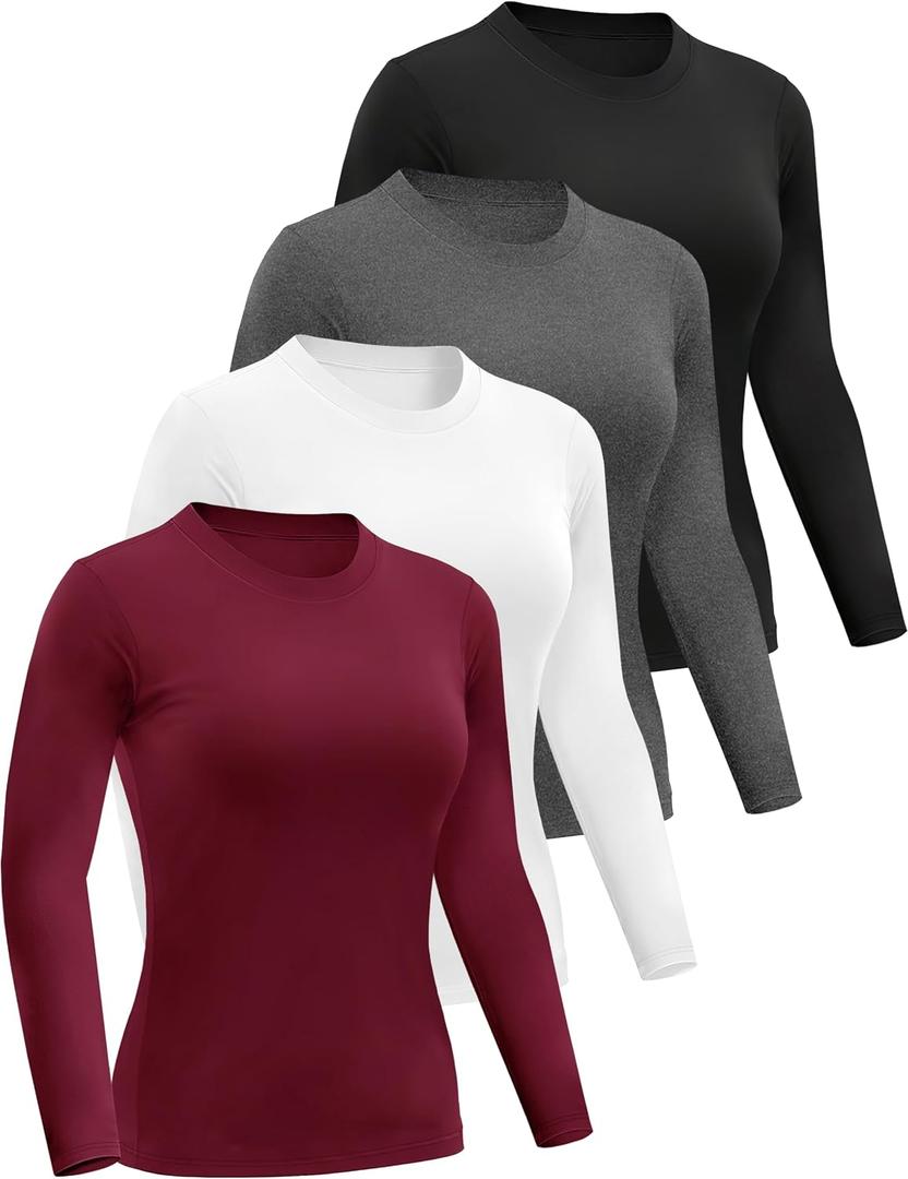 Dalavch 4 Pack Womens Long Sleeve Basic Shirts Crew Neck Slim Fitted Compression Gym Workout Athletic Underscrubs Tops, Medium