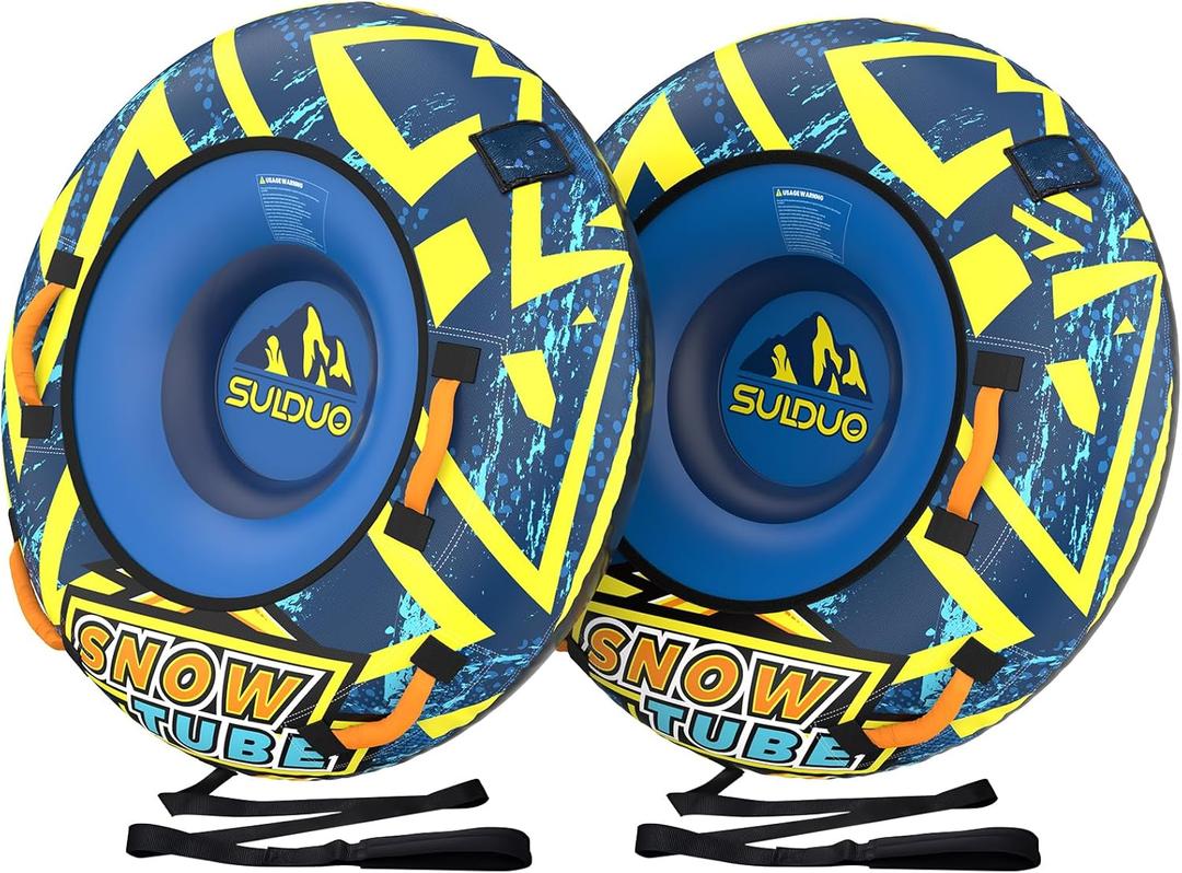 47'' Heavy Duty Snow Tube with Premium Canvas Cover and 4 Foam Filled Handles, Inflatable Snow Sled for Kids and Adult, Thickened Hard Bottom Snow Tubes for Winter Outdoor Fun Sledding, 2 Pack