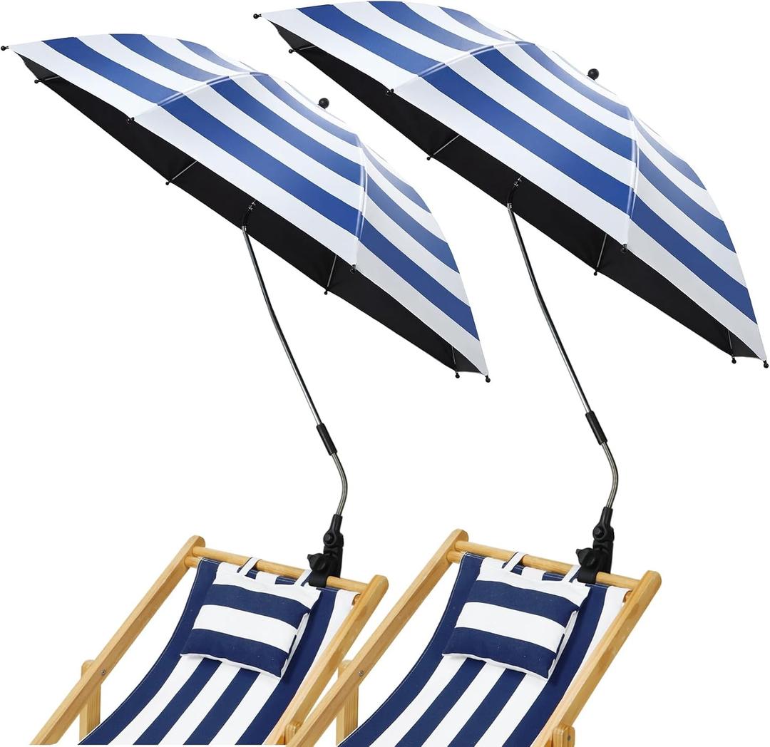 2 Pcs Beach Umbrella with Clamp UV Protection 48 Inch Adjustable Umbrellas for Chair with 360 Universal Clamps for Beach Camping Stroller Wheelchair, Chair Not Included(Blue Stripes)